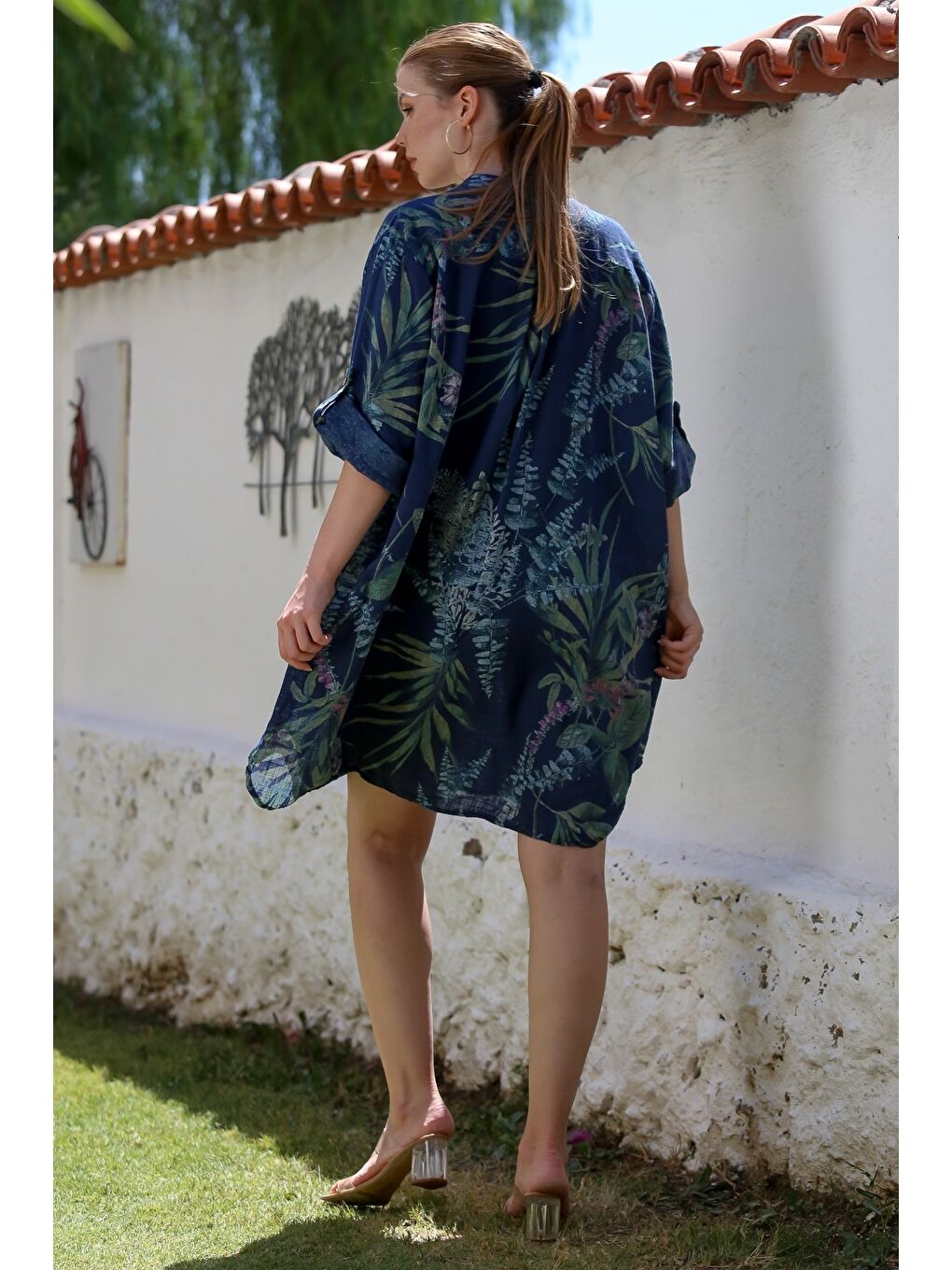 İtalyan Lacivert Hakim Yaka Düğmeli 3/4 Kol Allover Baskılı Keten Görünümlü Dokuma Elbise 97 75-6