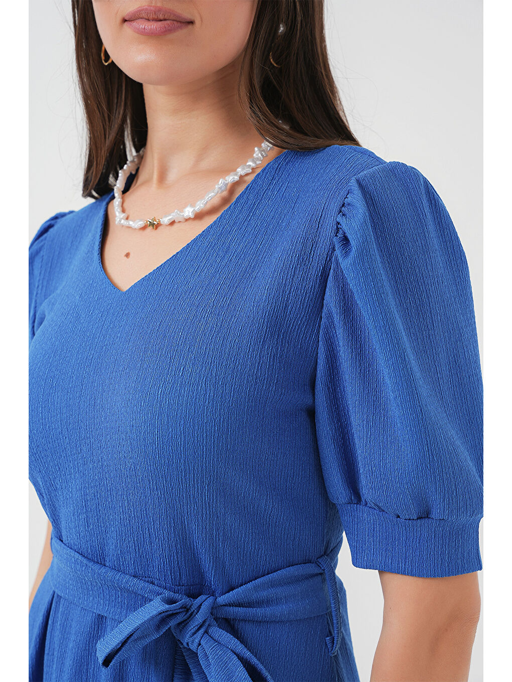 Mavi 2370 Kuşaklı Örme Elbise - Saks-4