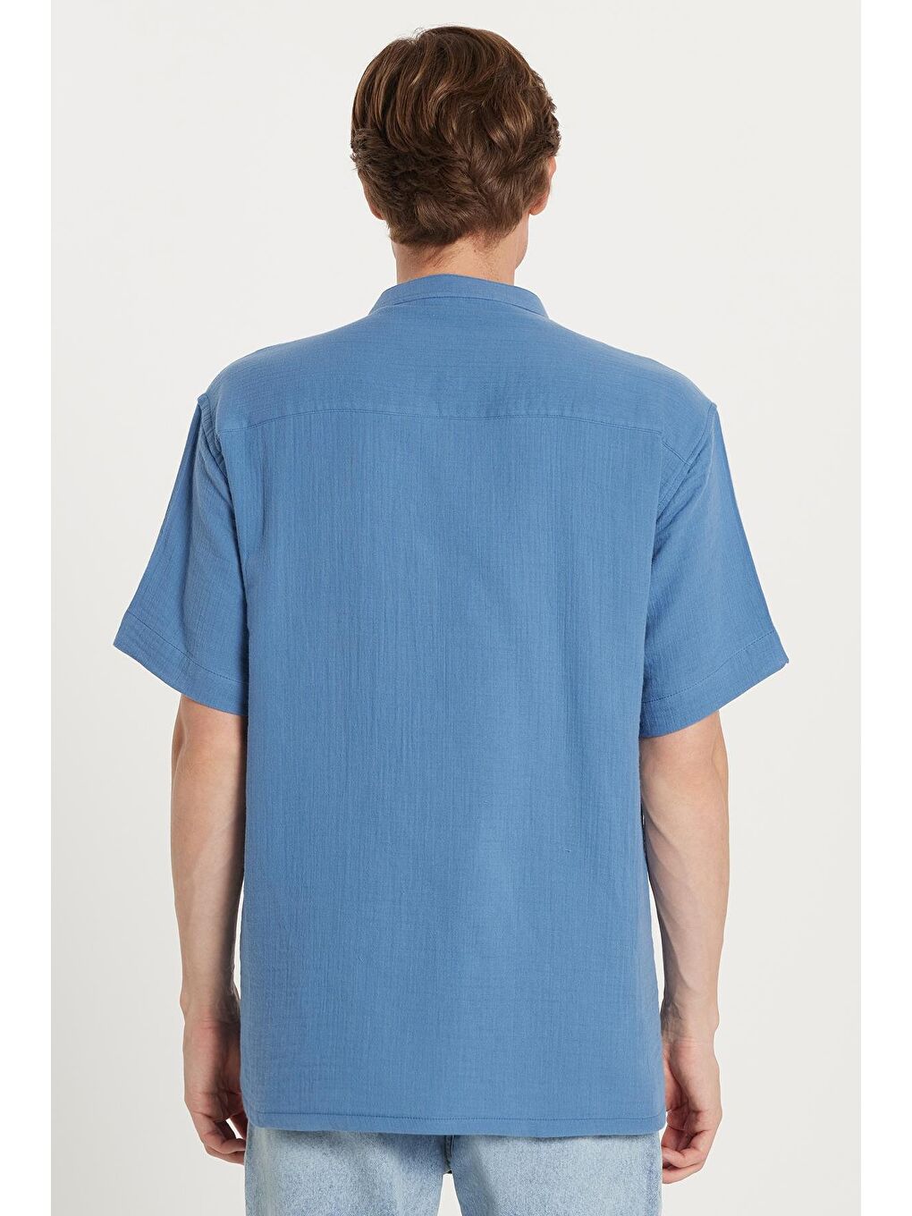 Erkek Relax Fit Rahat Kesim %100 Pamuk Müslin Kumaş Kısa Kollu Spor Hakim Yaka İndigo Gömlek-4