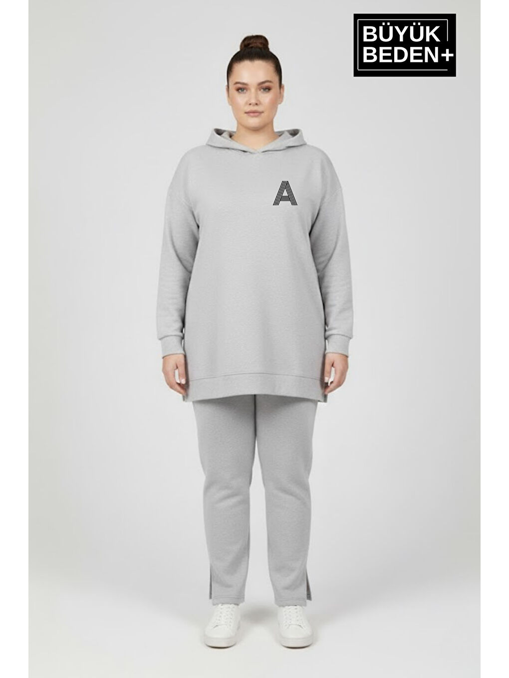 Gri Büyük Beden Kapüşonlu A Baskılı Tunik ince Sweatshırt SPR26BTK991-3