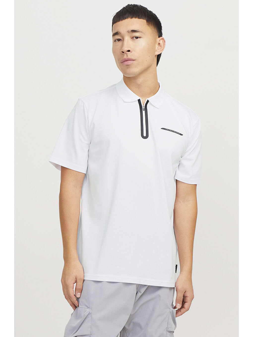Beyaz Core Jcofusion Pamuklu Regular Fit Yarım Fermuarlı Polo Yaka Erkek Tişört 12273127