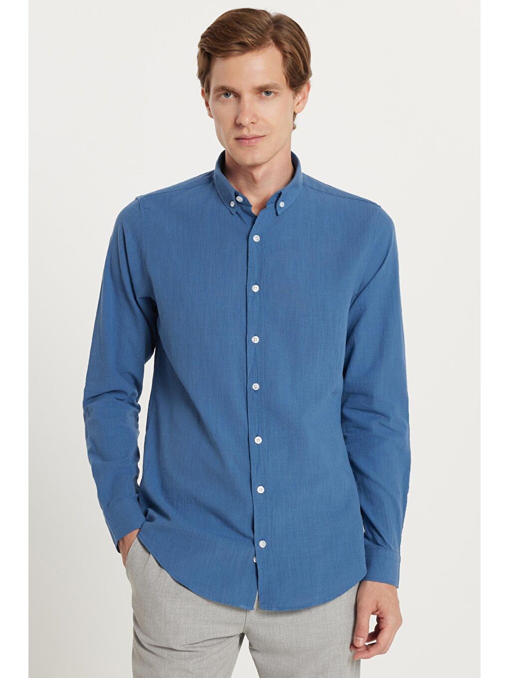 Erkek Slim Fit Dar Kesim %100 Pamuk Keten Doku Düğmeli Yaka Koyu Petrol Gömlek