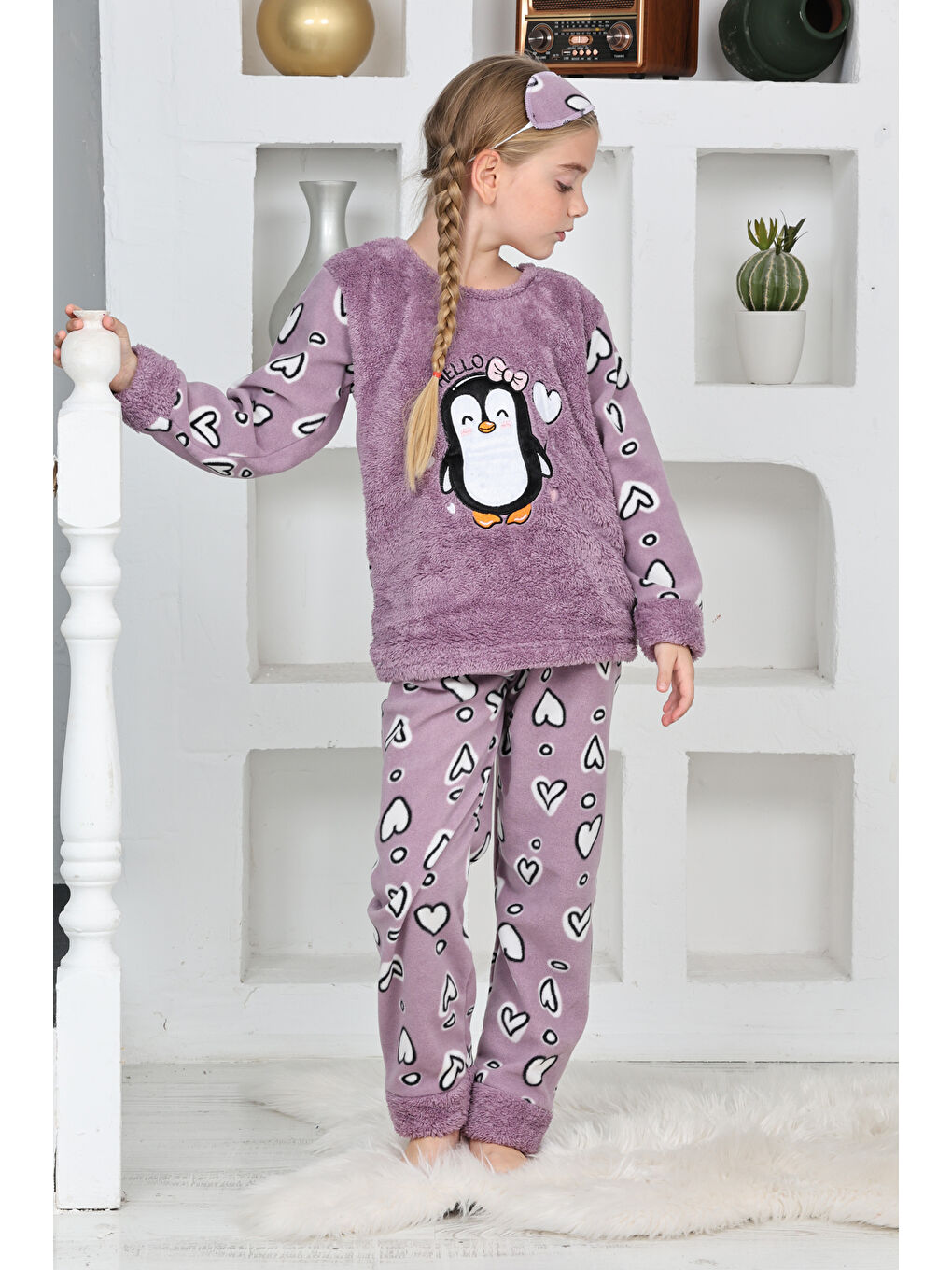 Lila Kız Çocuk Welsoft Kumaş-Göz Bantlı Penguenli Pijama Takımı 12281-1