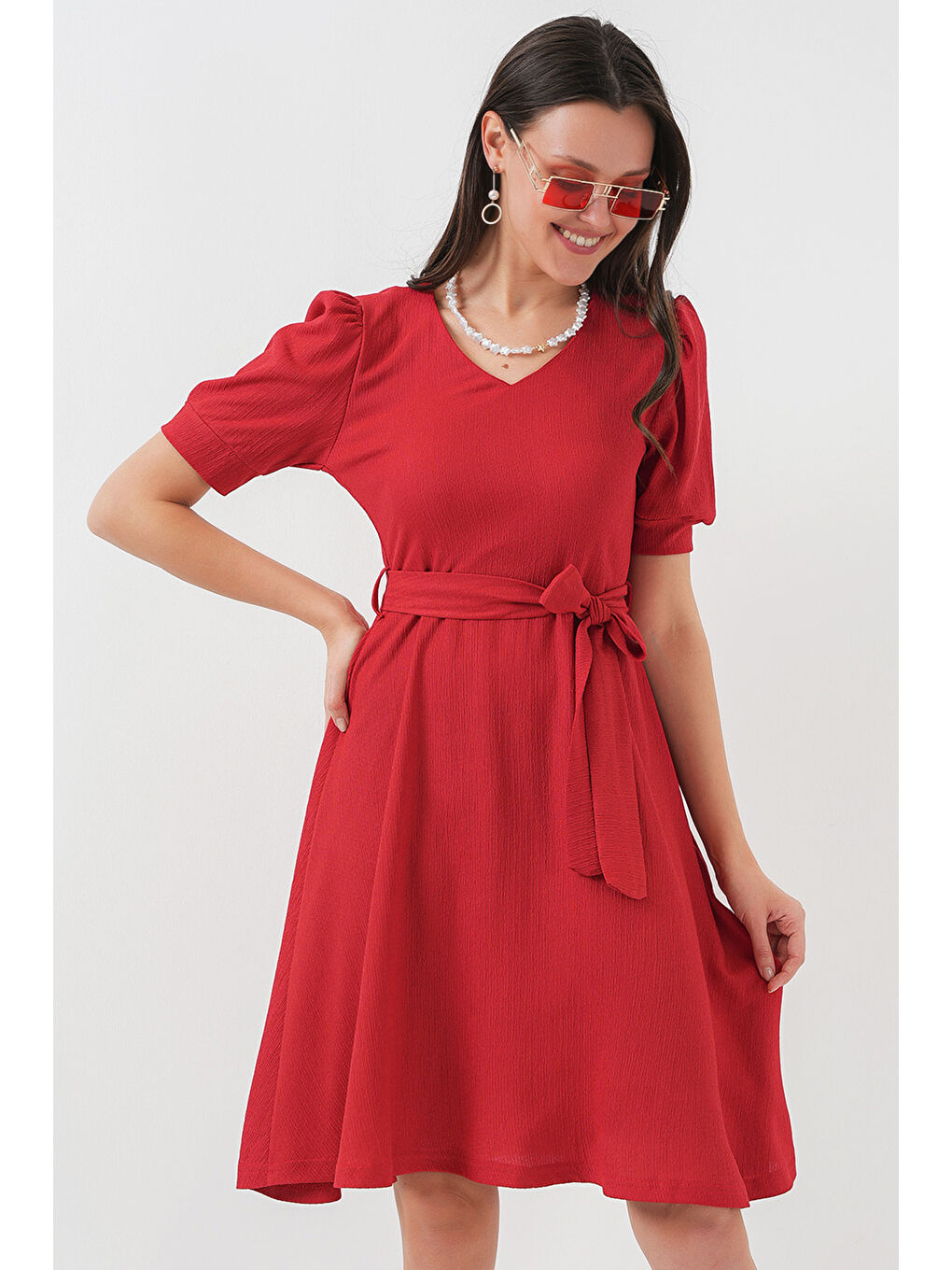 2370 Kuşaklı Örme Elbise - Kırmızı-1