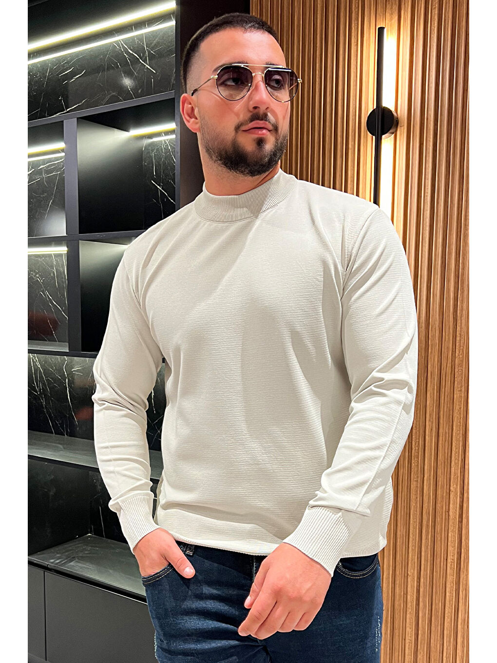 Bej Erkek Yarım Balıkçı Triko Kazak-1