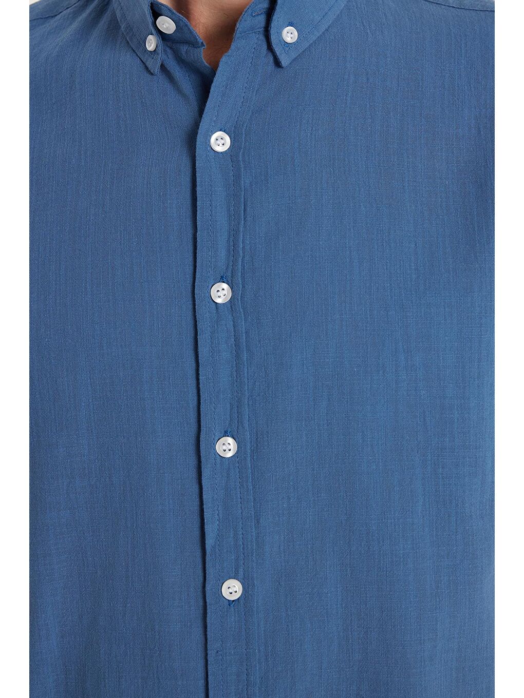 Erkek Slim Fit Dar Kesim %100 Pamuk Keten Doku Düğmeli Yaka Koyu Petrol Gömlek-2