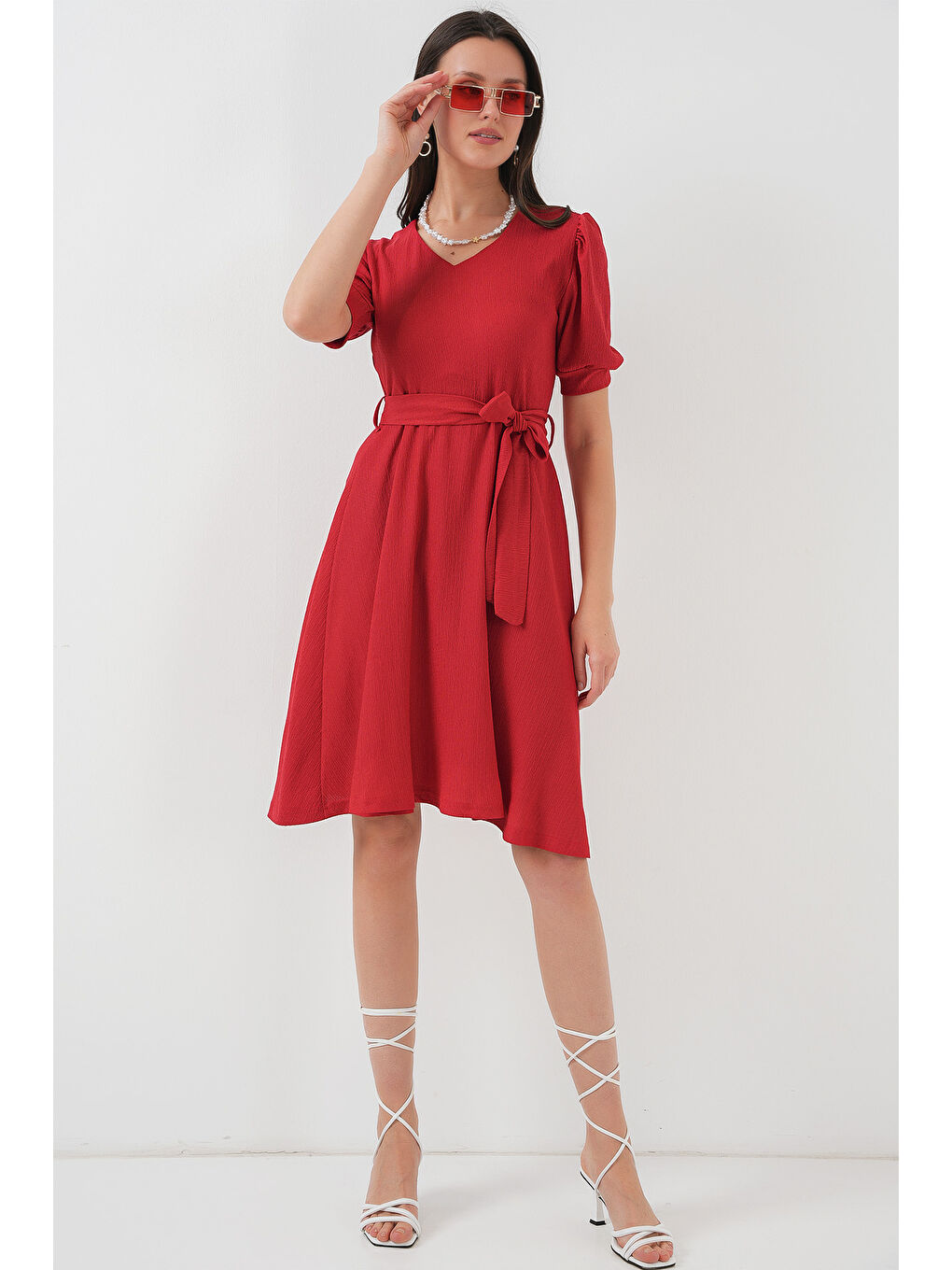 2370 Kuşaklı Örme Elbise - Kırmızı-2