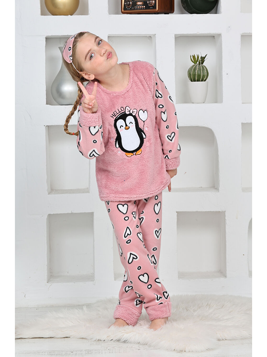 Pembe Kız Çocuk Welsoft Kumaş-Göz Bantlı Penguenli Pijama Takımı 12281