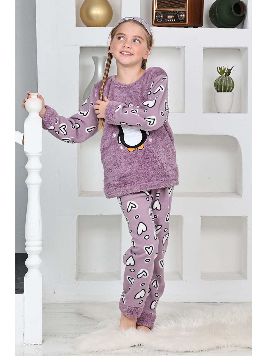 Lila Kız Çocuk Welsoft Kumaş-Göz Bantlı Penguenli Pijama Takımı 12281-2