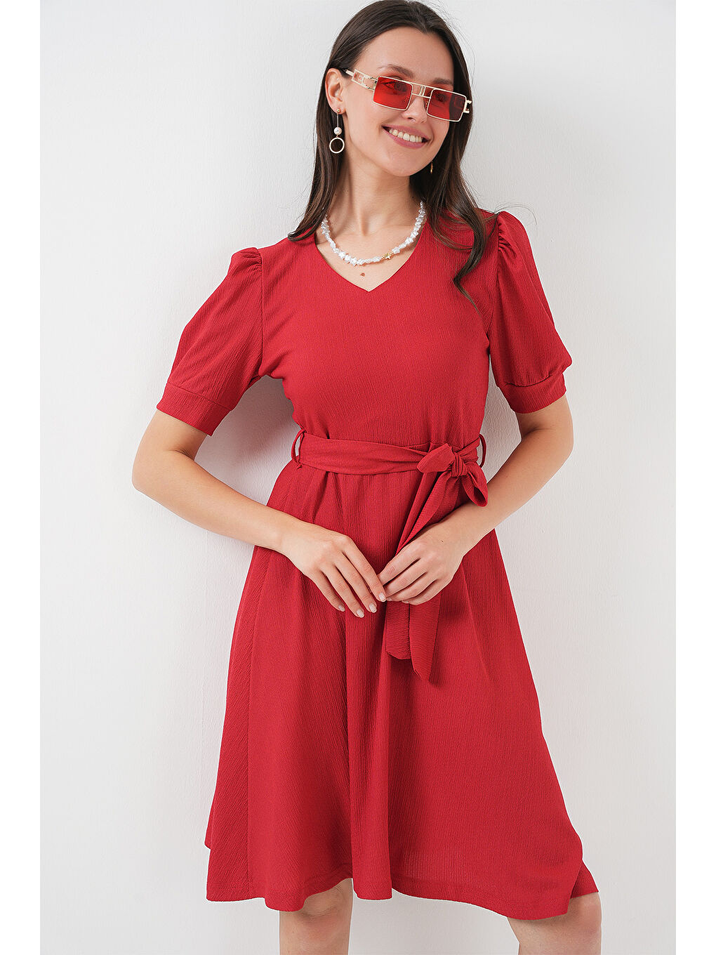 2370 Kuşaklı Örme Elbise - Kırmızı-4