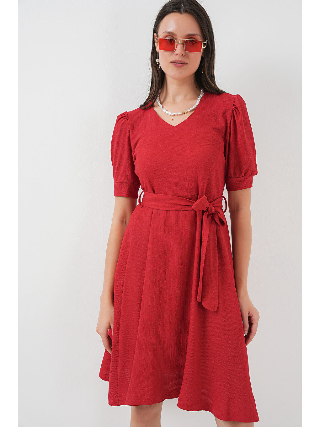 2370 Kuşaklı Örme Elbise - Kırmızı-6