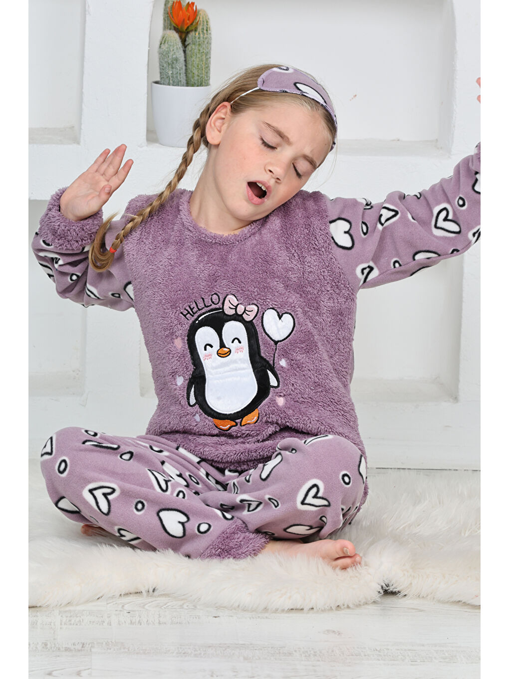 Lila Kız Çocuk Welsoft Kumaş-Göz Bantlı Penguenli Pijama Takımı 12281-3