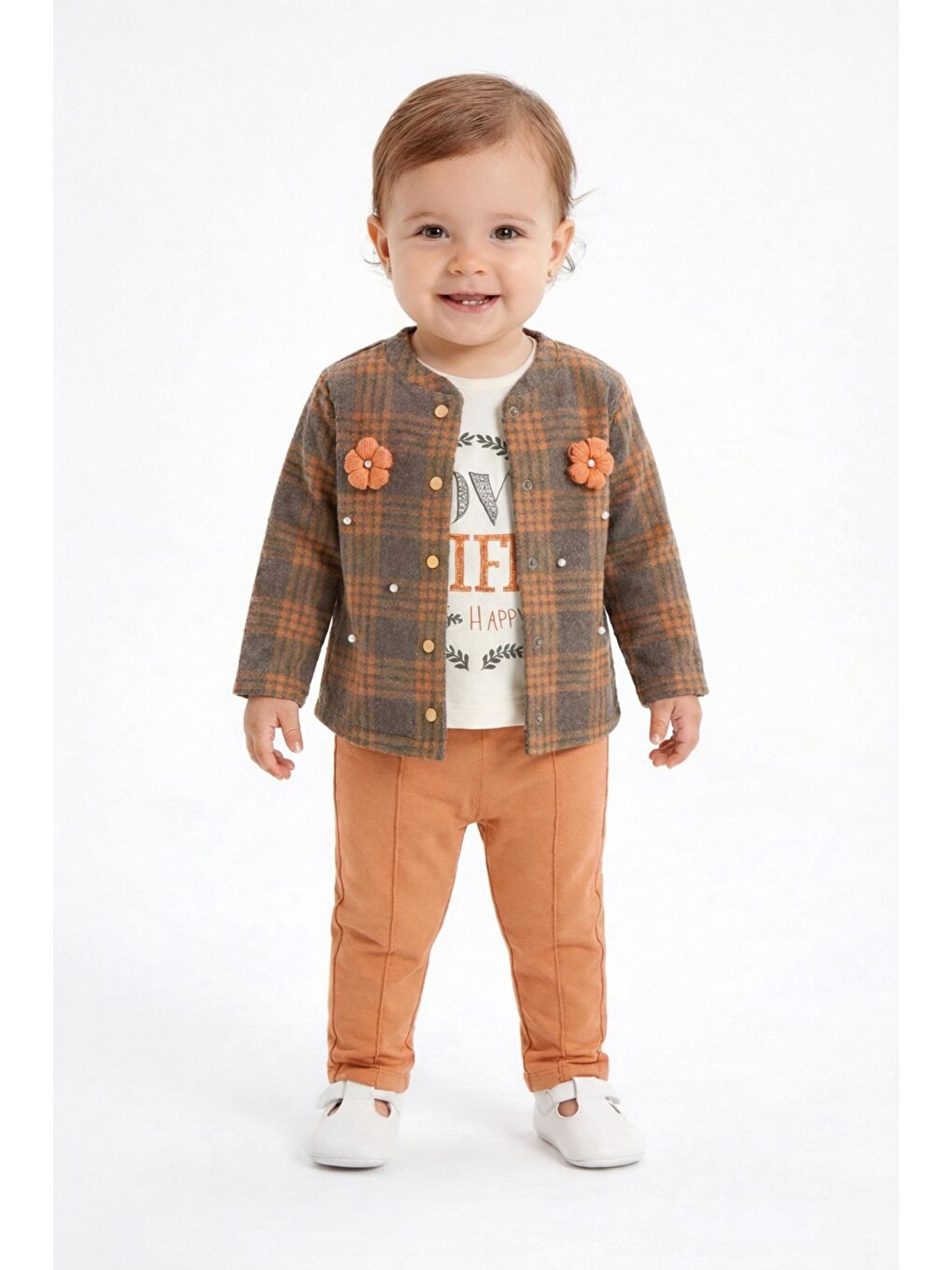 Pembe Ekose Desenli Çiçek Aksesuarlı 3lü Bebek Takımı