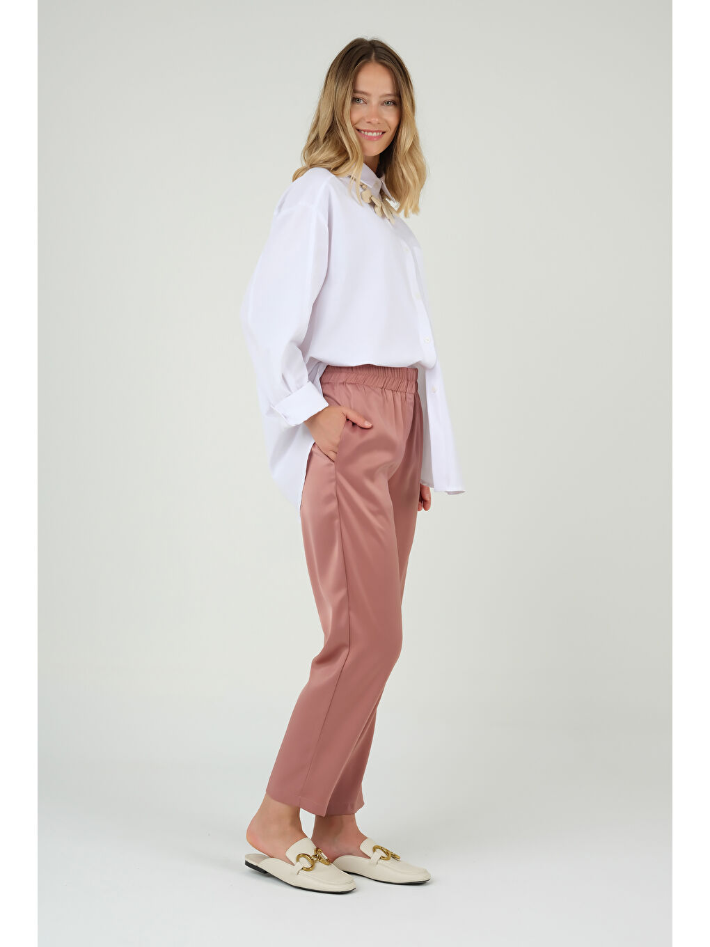 Pembe Saten Pantolon Pudra-1