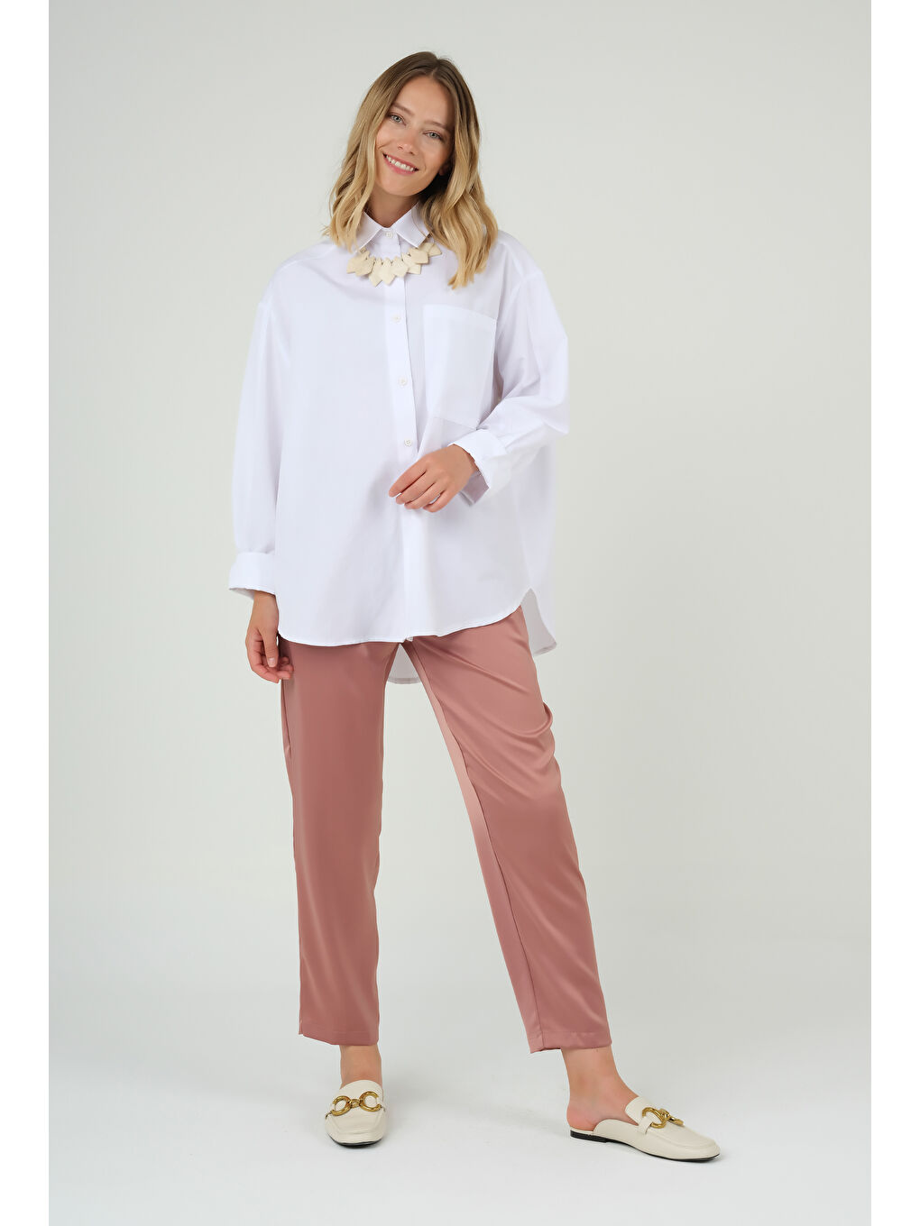 Pembe Saten Pantolon Pudra-3