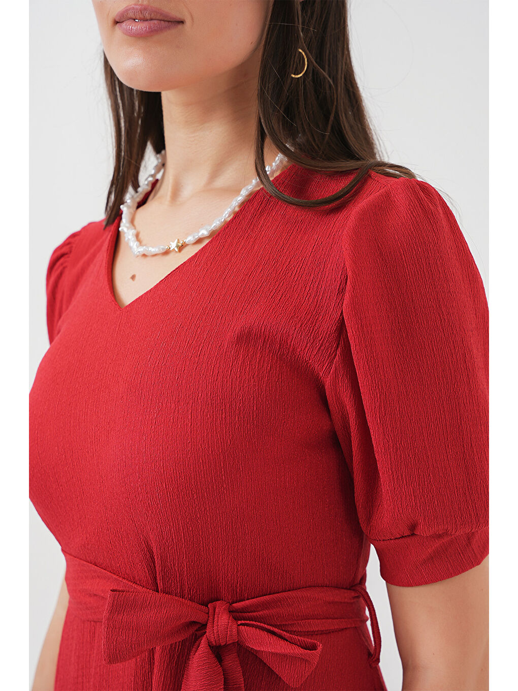 2370 Kuşaklı Örme Elbise - Kırmızı-9