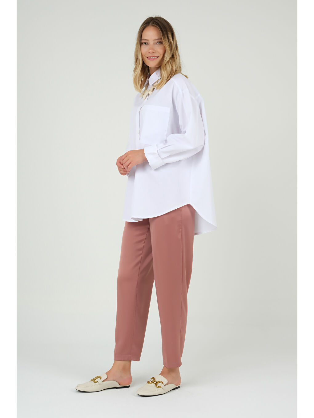 Pembe Saten Pantolon Pudra-4