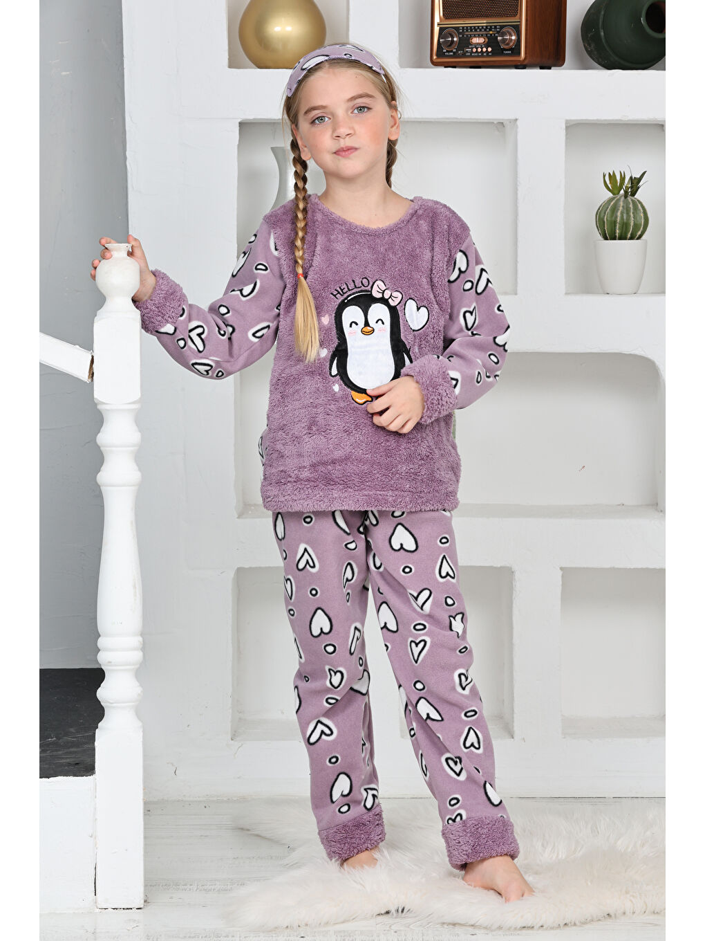 Lila Kız Çocuk Welsoft Kumaş-Göz Bantlı Penguenli Pijama Takımı 12281-4