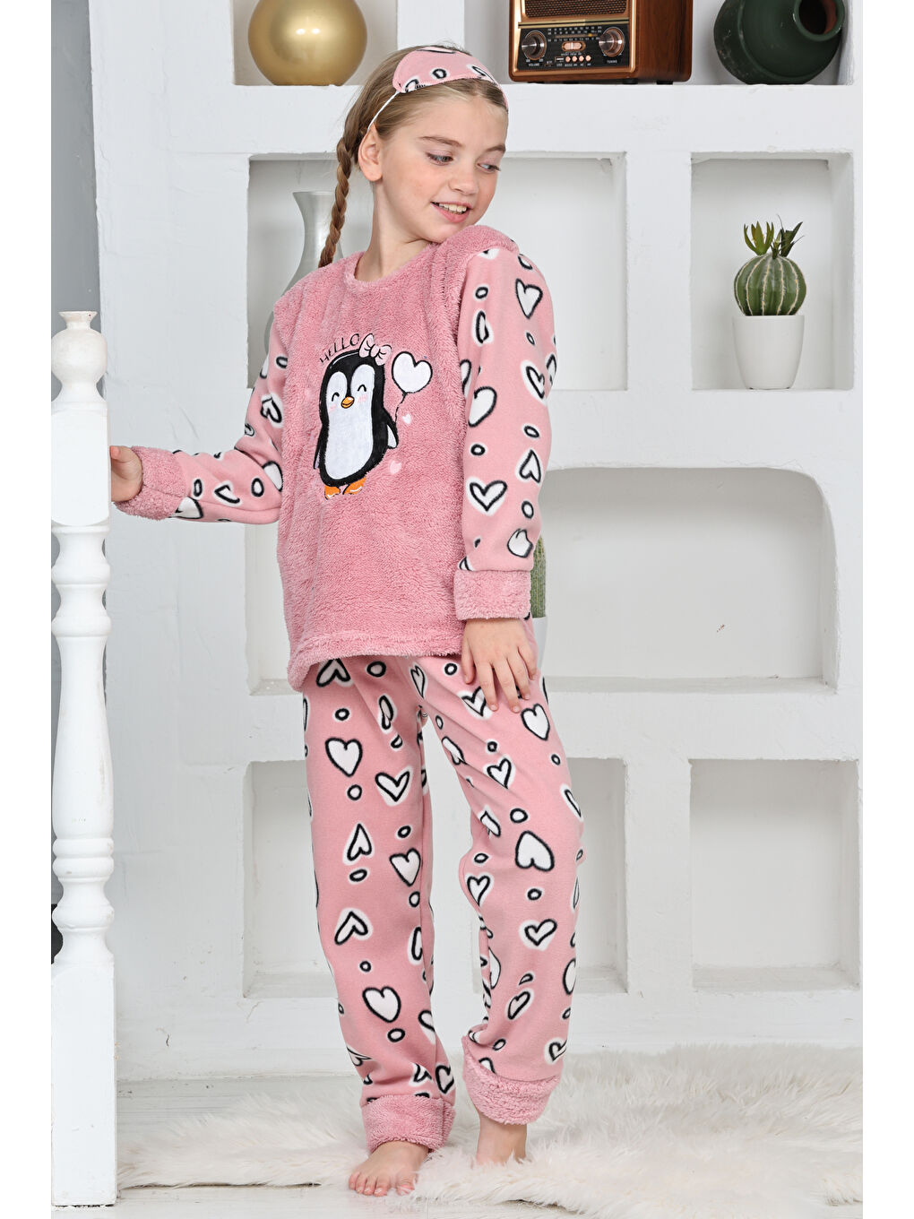 Pembe Kız Çocuk Welsoft Kumaş-Göz Bantlı Penguenli Pijama Takımı 12281-1