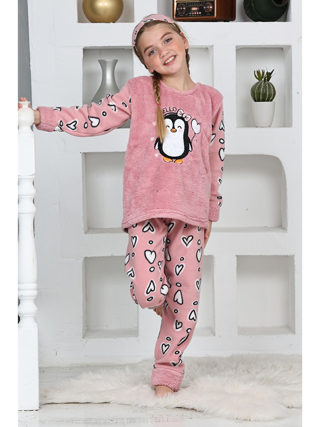 Pembe Kız Çocuk Welsoft Kumaş-Göz Bantlı Penguenli Pijama Takımı 12281-2