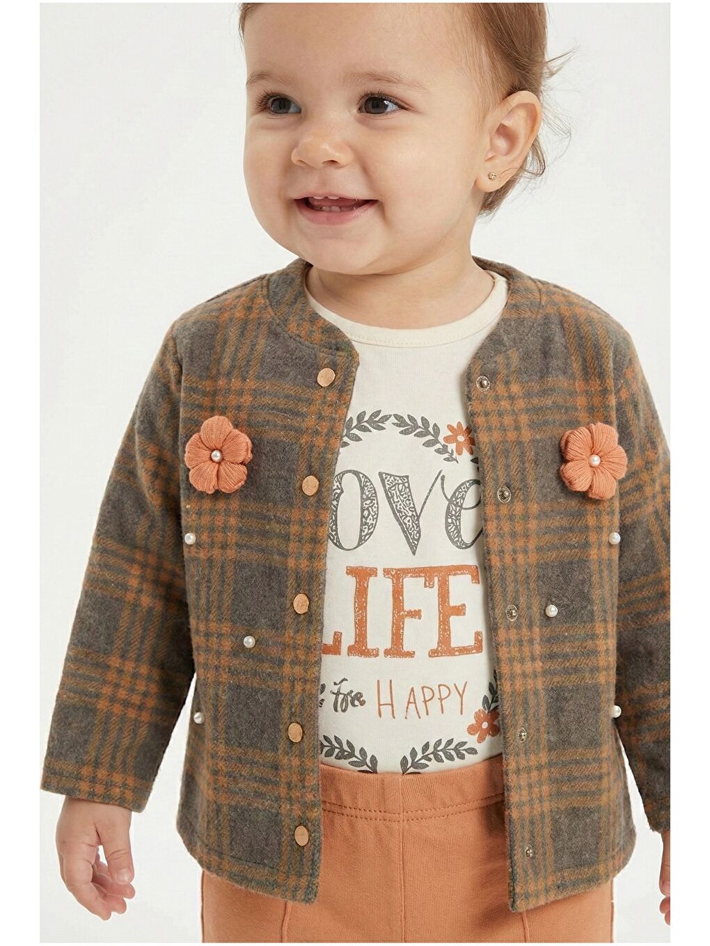 Pembe Ekose Desenli Çiçek Aksesuarlı 3lü Bebek Takımı-1