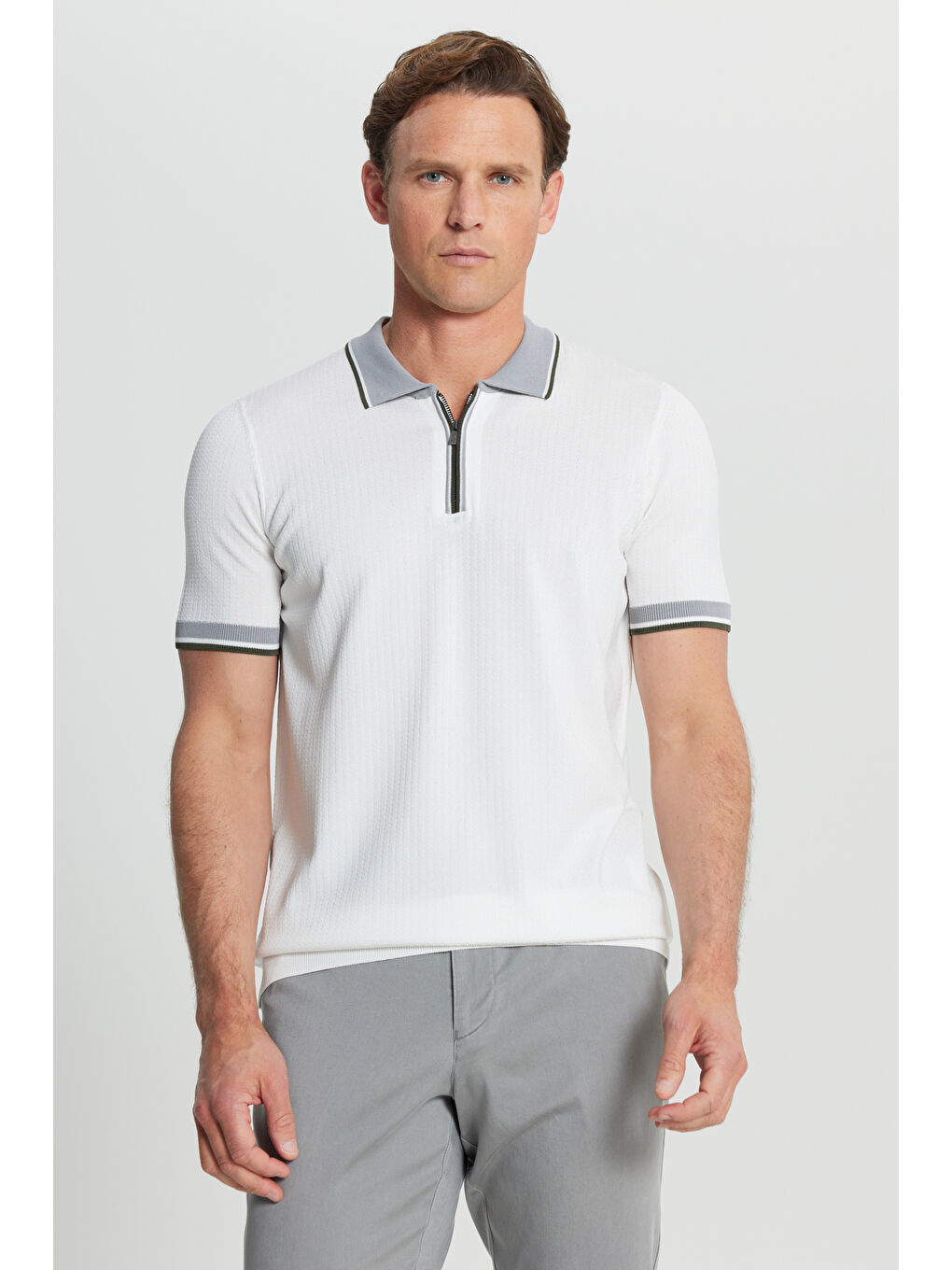 Erkek Ekru Standart Fit Normal Kesim Polo Yaka Armürlü Triko Tişört-2
