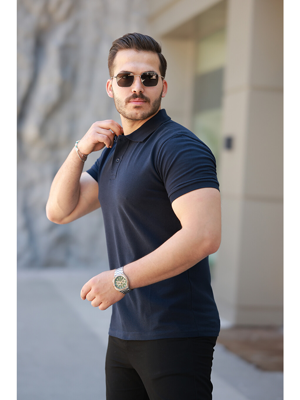 Lacivert Erkek Basic Kısa Kol Laci Polo Yaka Tişört-1