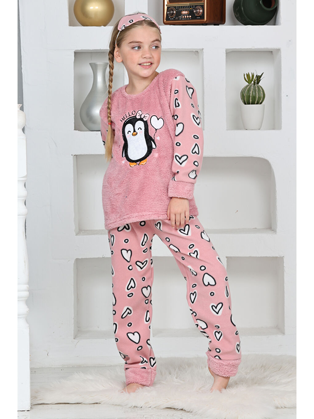 Pembe Kız Çocuk Welsoft Kumaş-Göz Bantlı Penguenli Pijama Takımı 12281-3