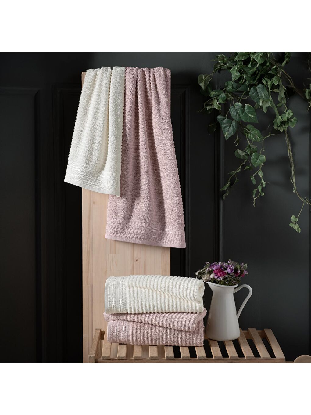 Pembe Mila 4 Parça Hamam Seti-Pudra/Ekru