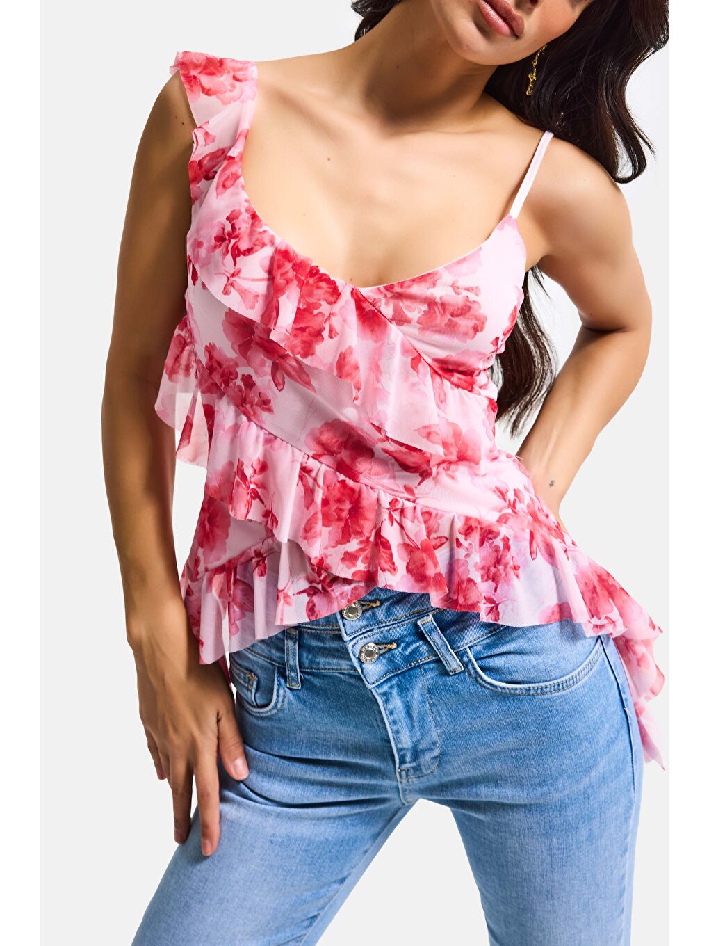 Kadın Pembe Baskılı s6 Çiçek Desen-7 Asimetrik Kesim Askılı Bluz