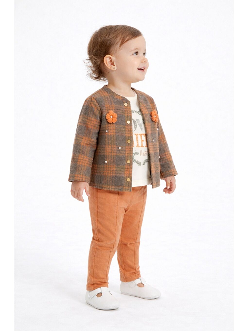 Pembe Ekose Desenli Çiçek Aksesuarlı 3lü Bebek Takımı-2