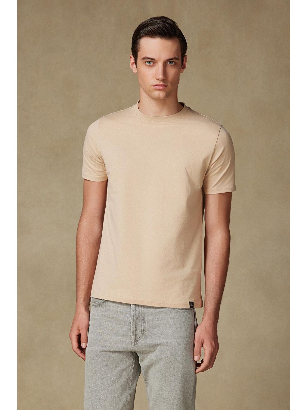 Easy Penye Pamuklu Comfort Fit Bej Bisiklet Yaka Erkek Düz %100 Pamuk Tişört