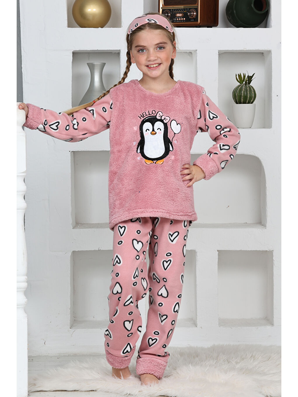 Pembe Kız Çocuk Welsoft Kumaş-Göz Bantlı Penguenli Pijama Takımı 12281-4