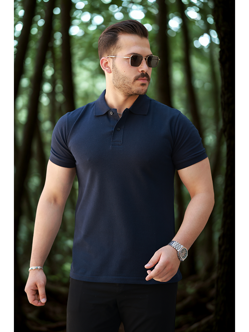 Lacivert Erkek Basic Kısa Kol Laci Polo Yaka Tişört-3