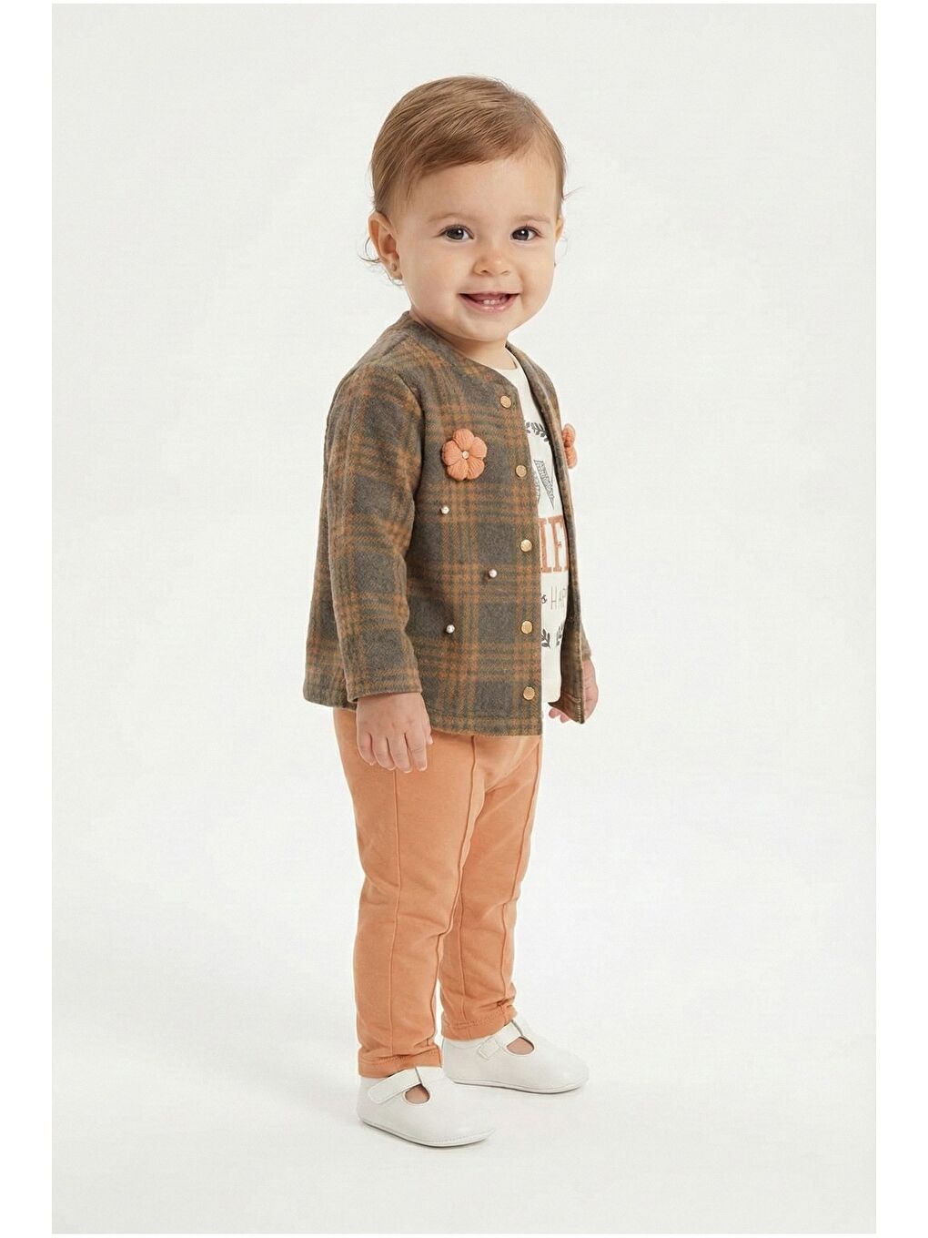 Pembe Ekose Desenli Çiçek Aksesuarlı 3lü Bebek Takımı-3