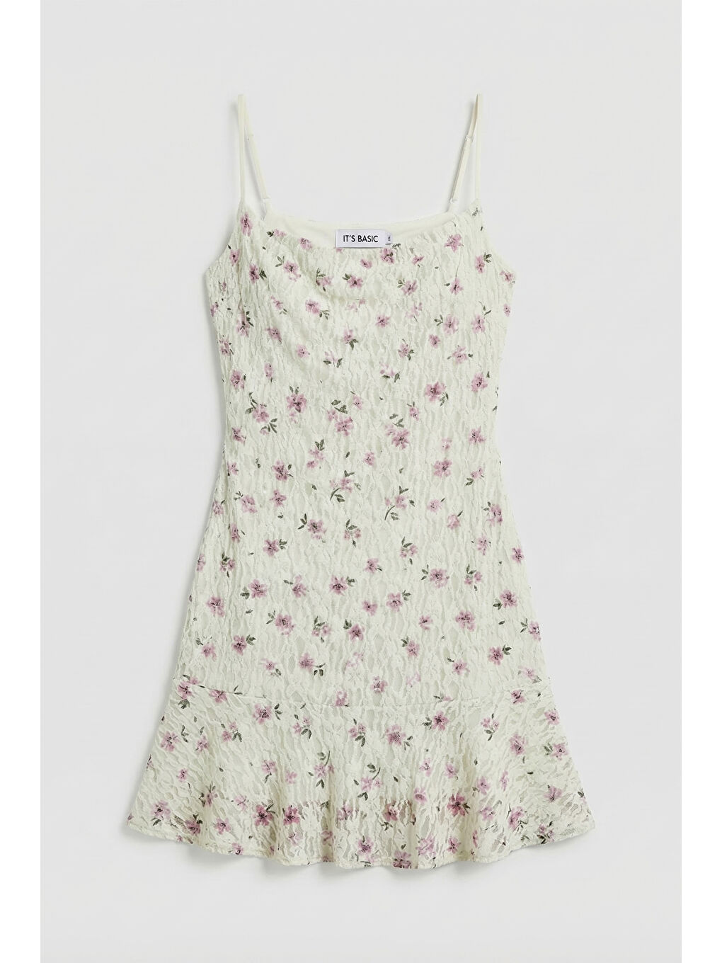 Kadın Ekru Yeşil s6 Çiçek Desen-3 Esnek Kumaş Askılı Mini Elbise-1