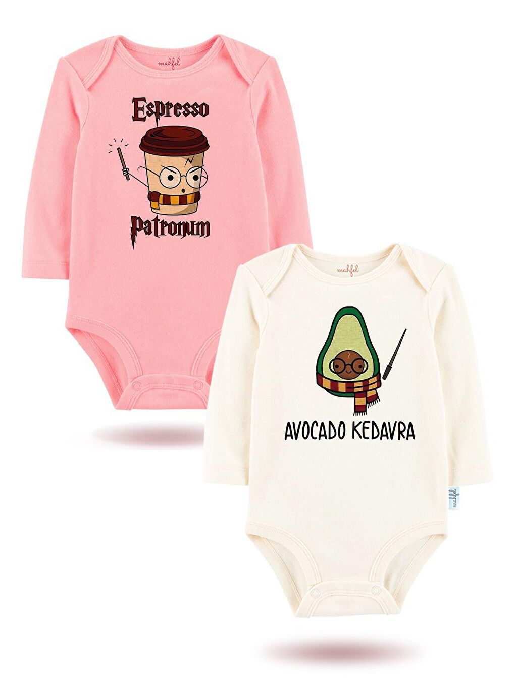 MAHFEL Ekru-Pudra 2'Li " ESPRESSO PATRONUM "Baskılı Uzun Kollu Unisex Bebek Çıtçıtlı Body