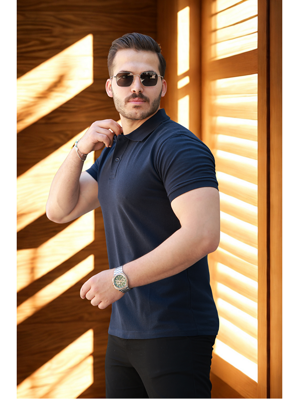 Lacivert Erkek Basic Kısa Kol Laci Polo Yaka Tişört-4
