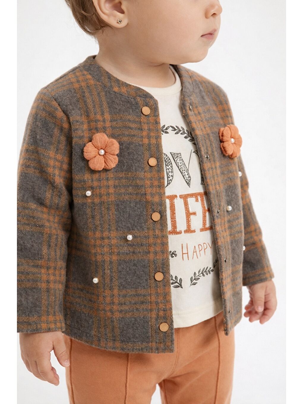 Pembe Ekose Desenli Çiçek Aksesuarlı 3lü Bebek Takımı-4