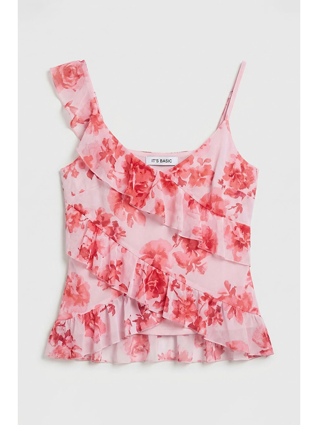 Kadın Pembe Baskılı s6 Çiçek Desen-7 Asimetrik Kesim Askılı Bluz-1