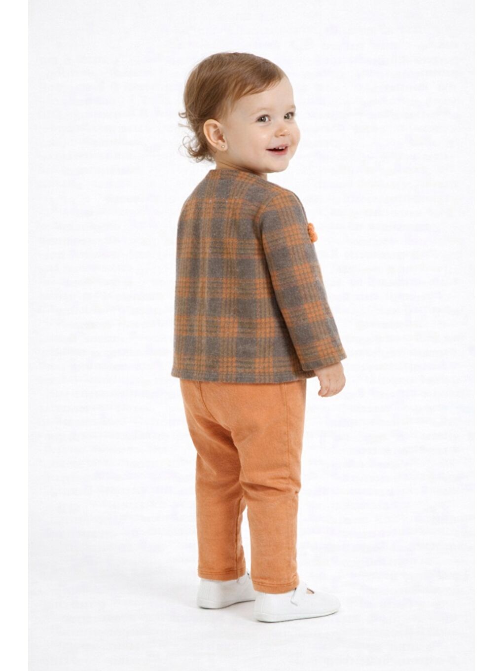 Pembe Ekose Desenli Çiçek Aksesuarlı 3lü Bebek Takımı-5