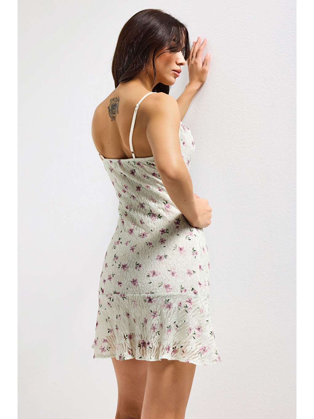 Kadın Ekru Yeşil s6 Çiçek Desen-3 Esnek Kumaş Askılı Mini Elbise-3