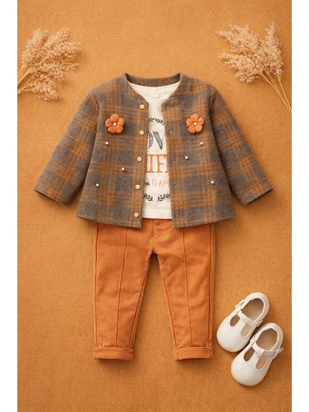 Pembe Ekose Desenli Çiçek Aksesuarlı 3lü Bebek Takımı-6