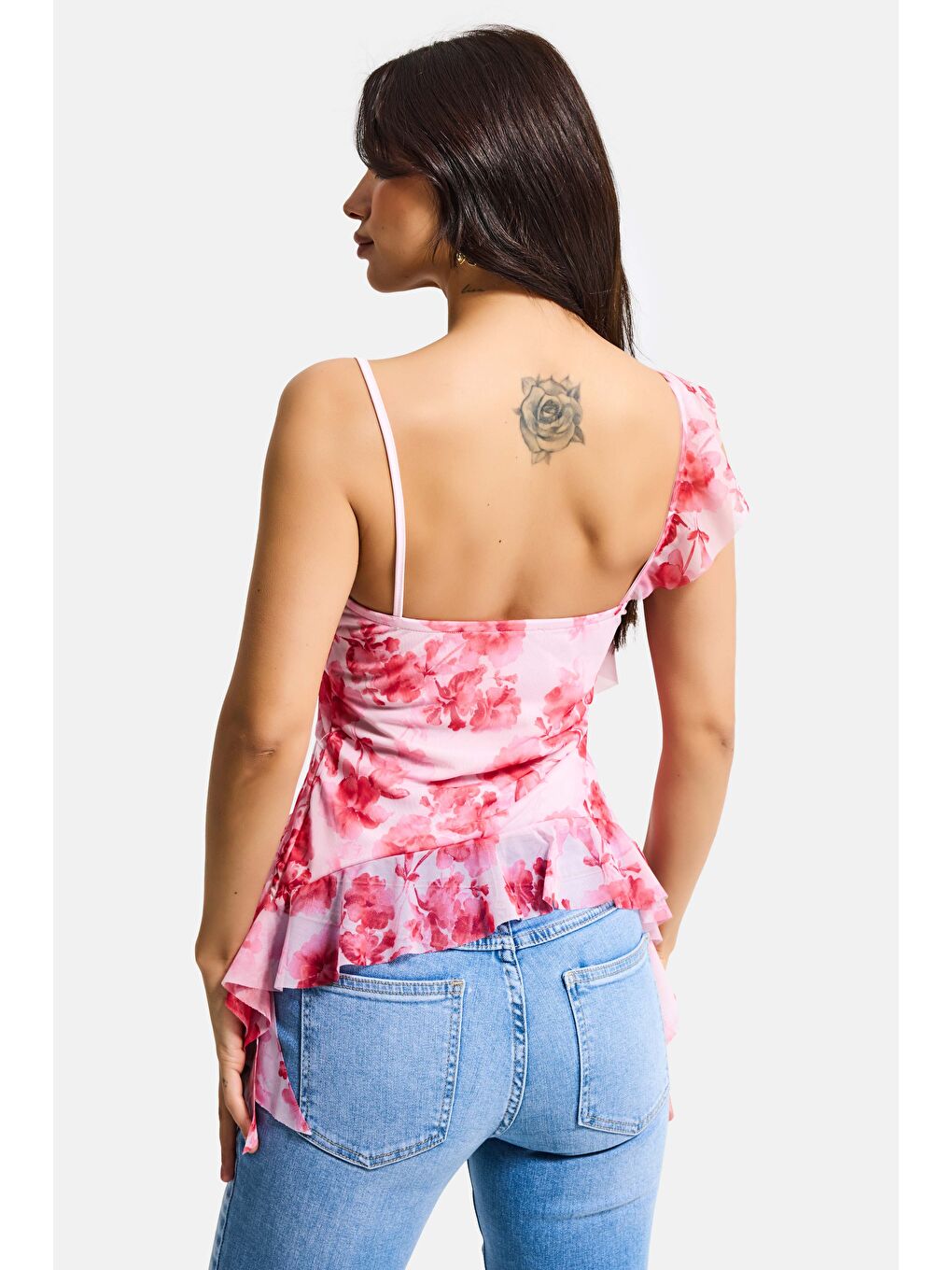 Kadın Pembe Baskılı s6 Çiçek Desen-7 Asimetrik Kesim Askılı Bluz-2