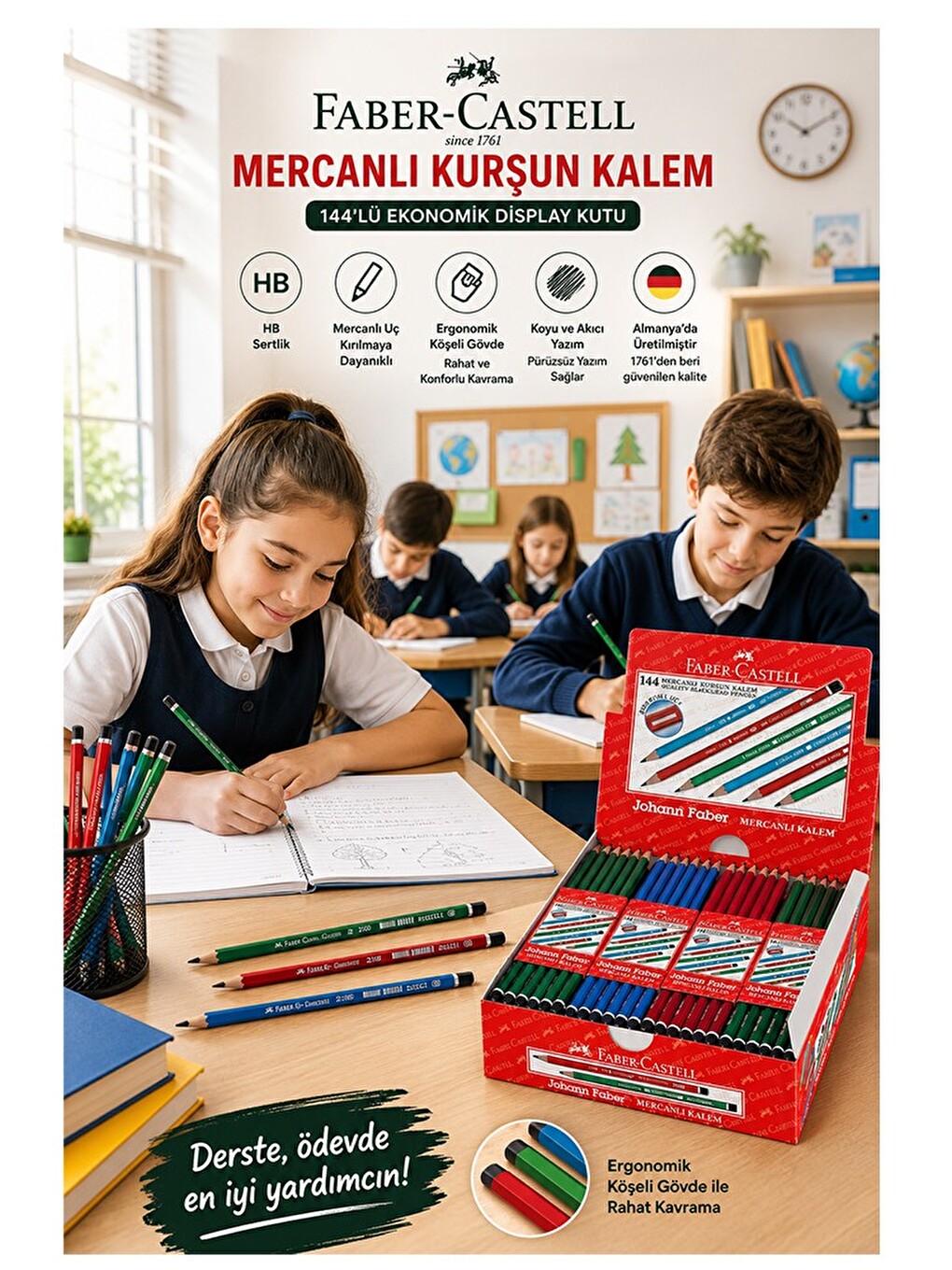 Siyah Kurşun Kalem Mercanlı 6 Adet Faber Castell Mercanlı Kurşun Tahta Kalem Hb Orta Dereceli Öğrenc-3