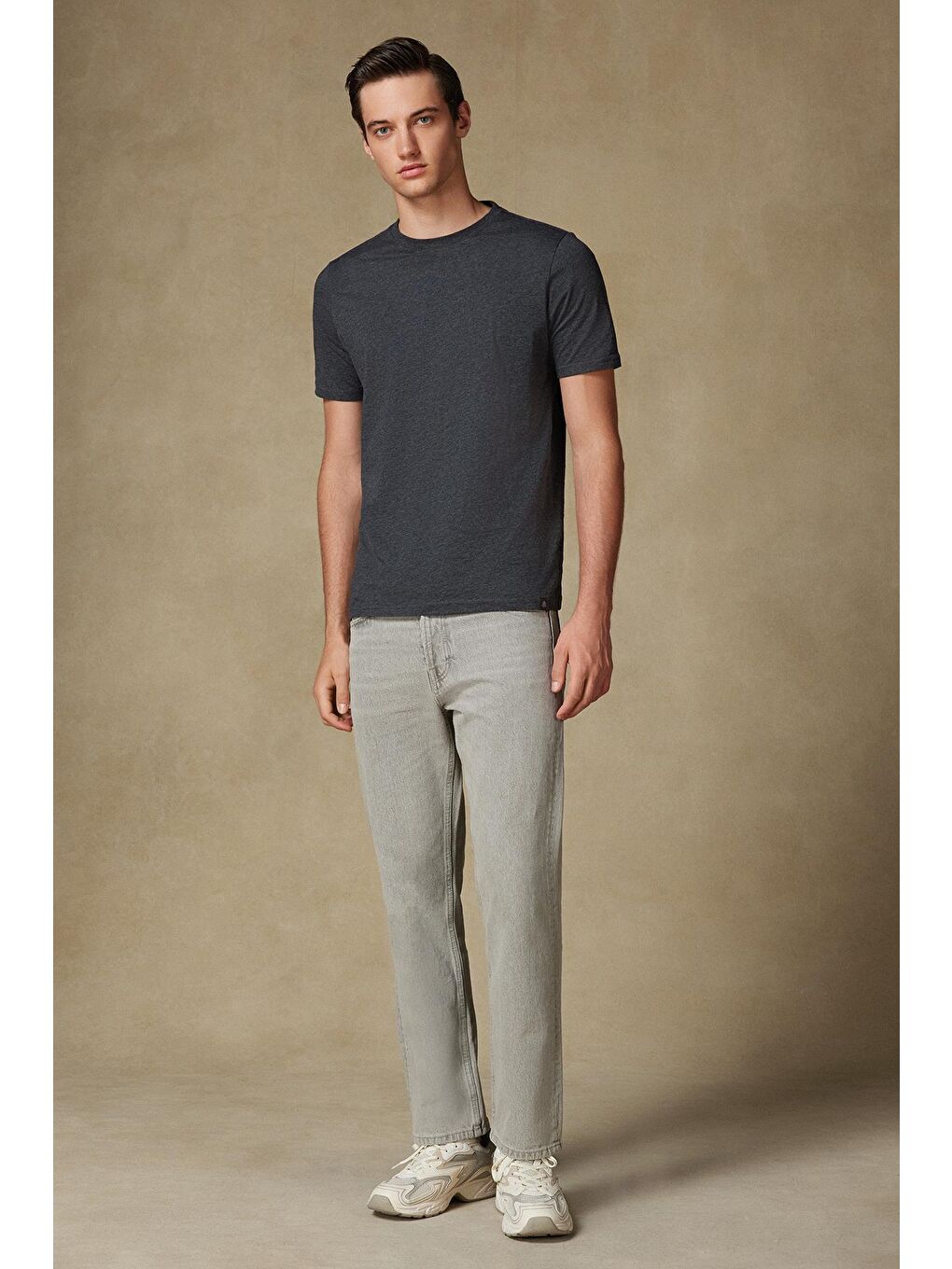 Easy Penye Pamuklu Comfort Fit Koyu Gri Bisiklet Yaka Erkek Düz %100 Pamuk Tişört-2