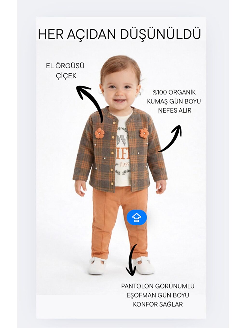 Pembe Ekose Desenli Çiçek Aksesuarlı 3lü Bebek Takımı-7