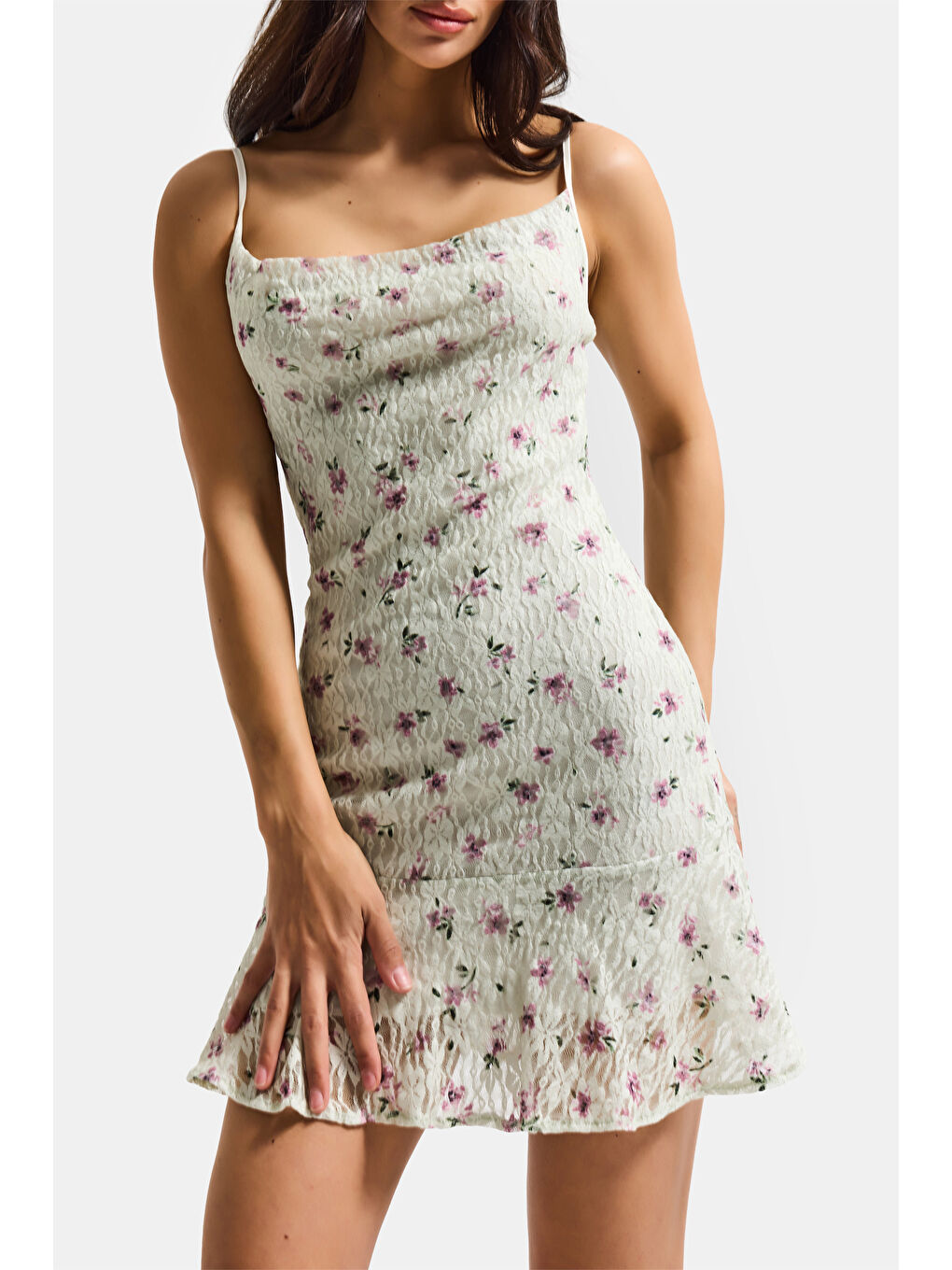 Kadın Ekru Yeşil s6 Çiçek Desen-3 Esnek Kumaş Askılı Mini Elbise-5