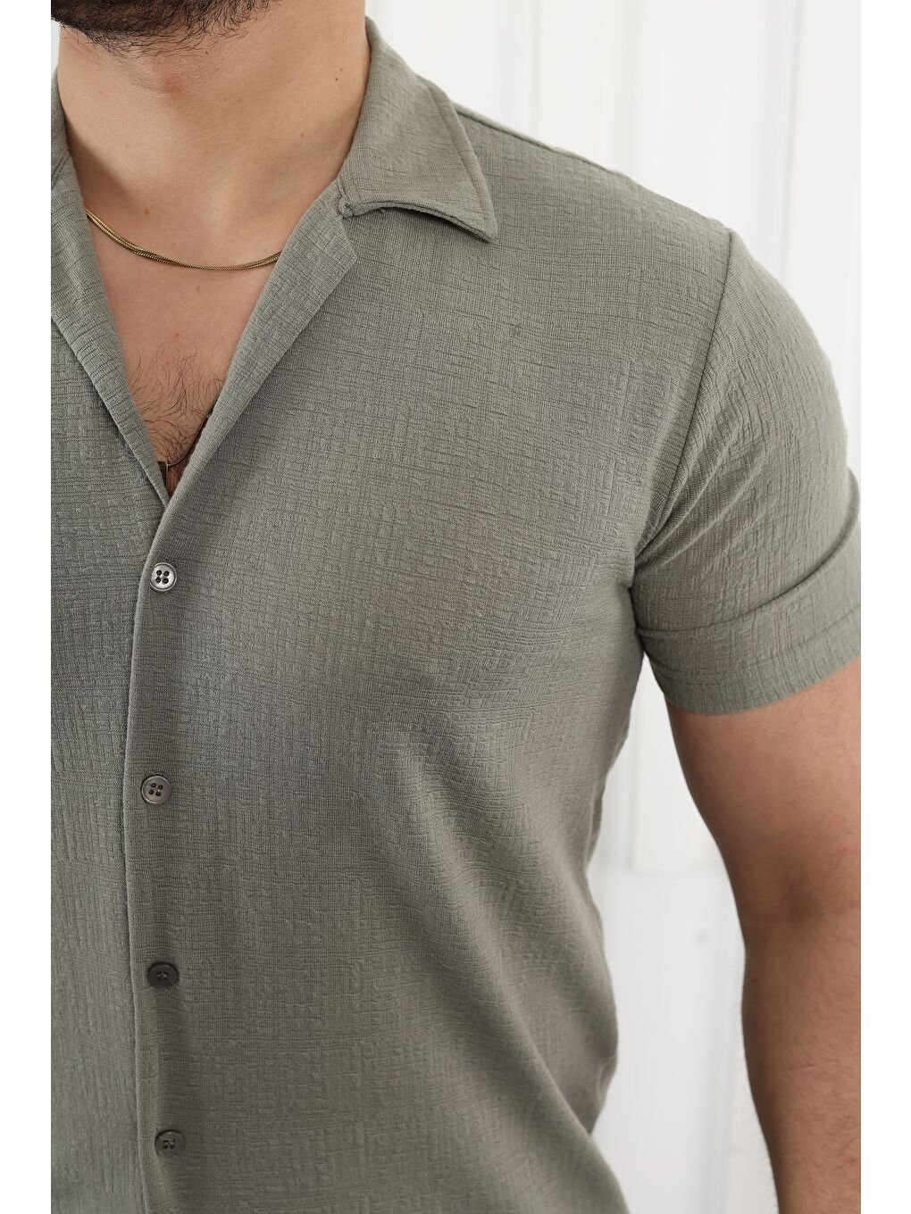 Yeşil Kendinden Desenli Kısa Kol Keten Gömlek-1