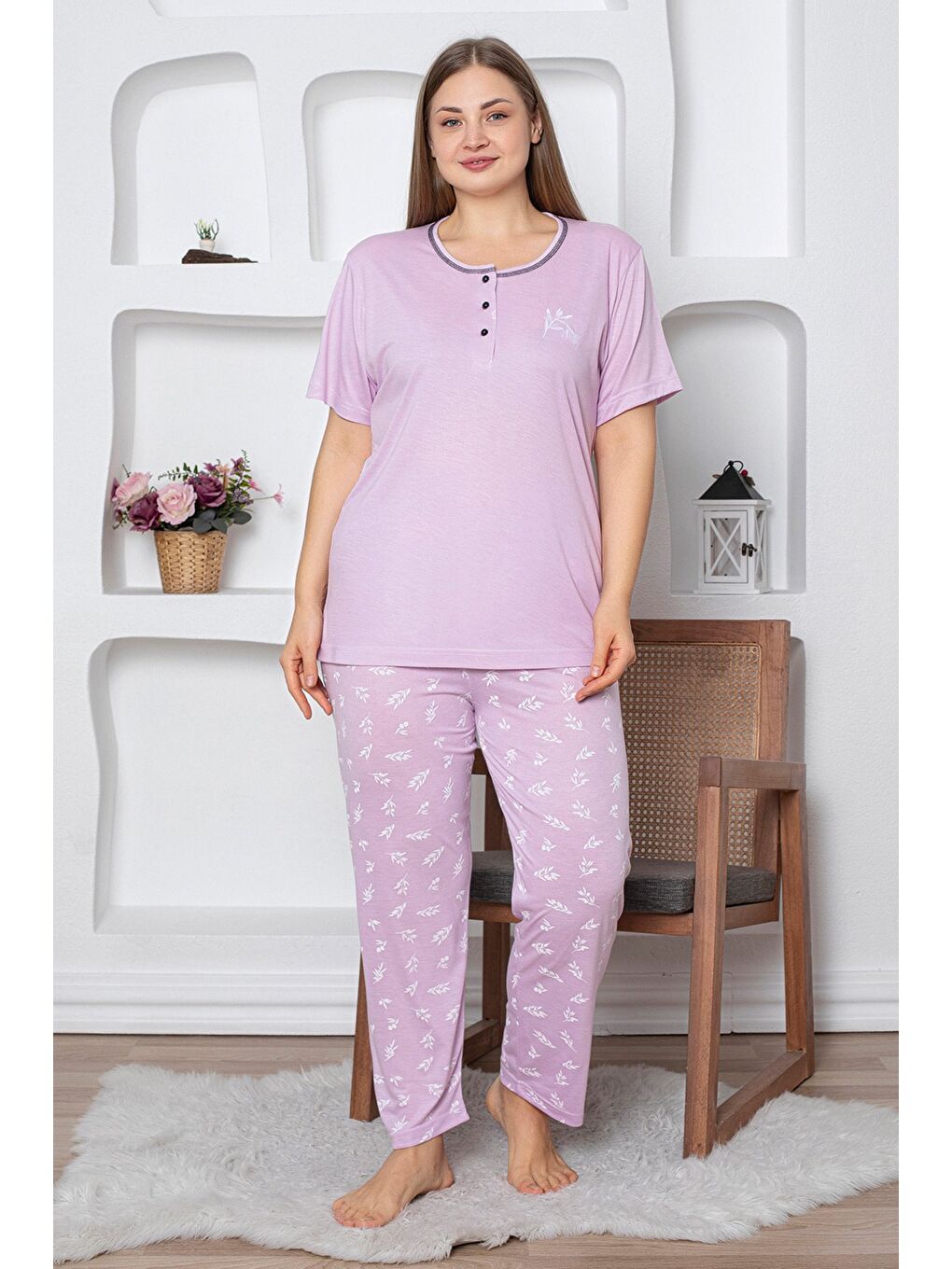 Lila Çiçek Desenli Büyük Beden Pijama Takımı-1